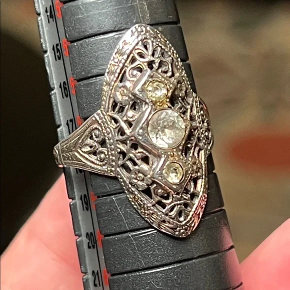 Antique Art Deco Ornate Filigree Sterling Silver Paste Diamond Statement Ring - Picture 6 of 11